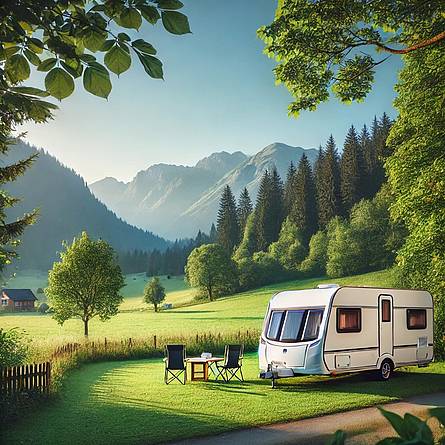 Moderne caravan geparkeerd op een rustige grasrijke camping in Europa, omringd door natuur en bergen, met een zonnige blauwe lucht, symboliserend de veiligheid en vrijheid van reizen met een caravanverzekering van ASR.