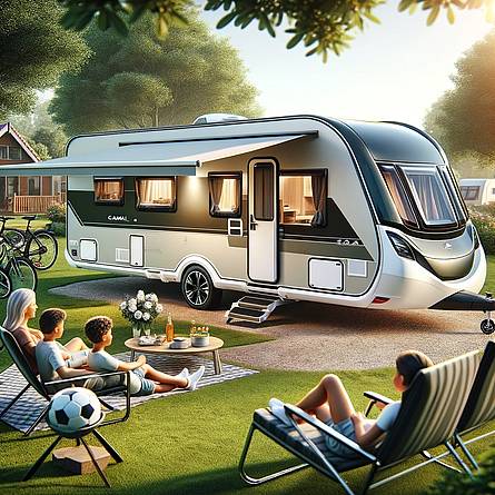 Caravan op camping met familie en fietsen